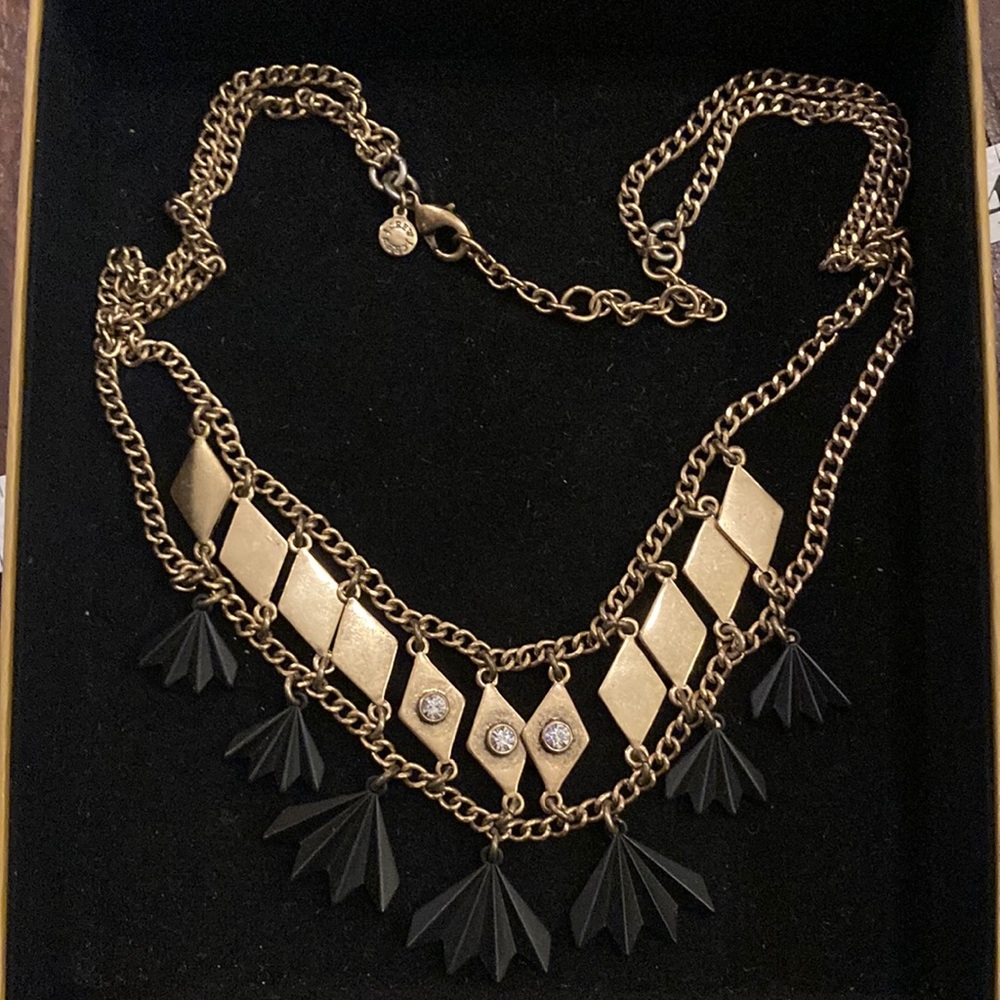 J. Crew Statement Necklace, brass chains with diamond & fan shapes, rhinestones